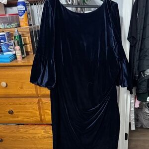 Women's Velvet Midi Dress in Deep Navy - Elegant Bell Sleeve 20w